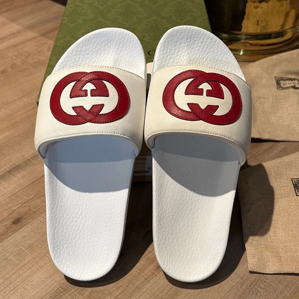 Gucci White Slides with Red Logo Napa Samoa Miro Soft Slides Size 7 - Picture 4 of 12